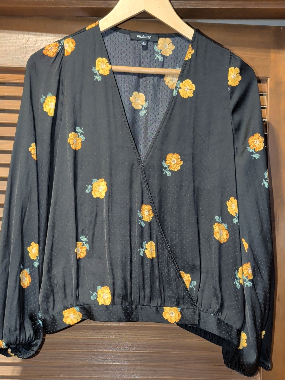 Madewell Black Wrap Blouse with Yellow Floral Print